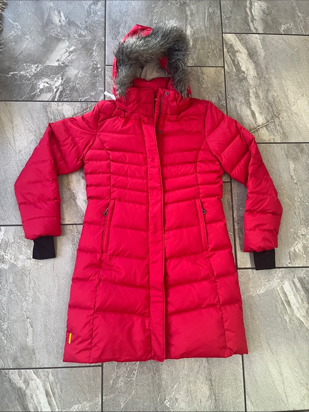 ❤️ NWOT Lole Duck Down Feather Filled Puffer Coat Size Large Red Fur Hood